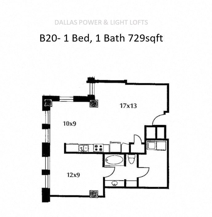 Floor plan for 1 bed, 1 bath, 729 sqft